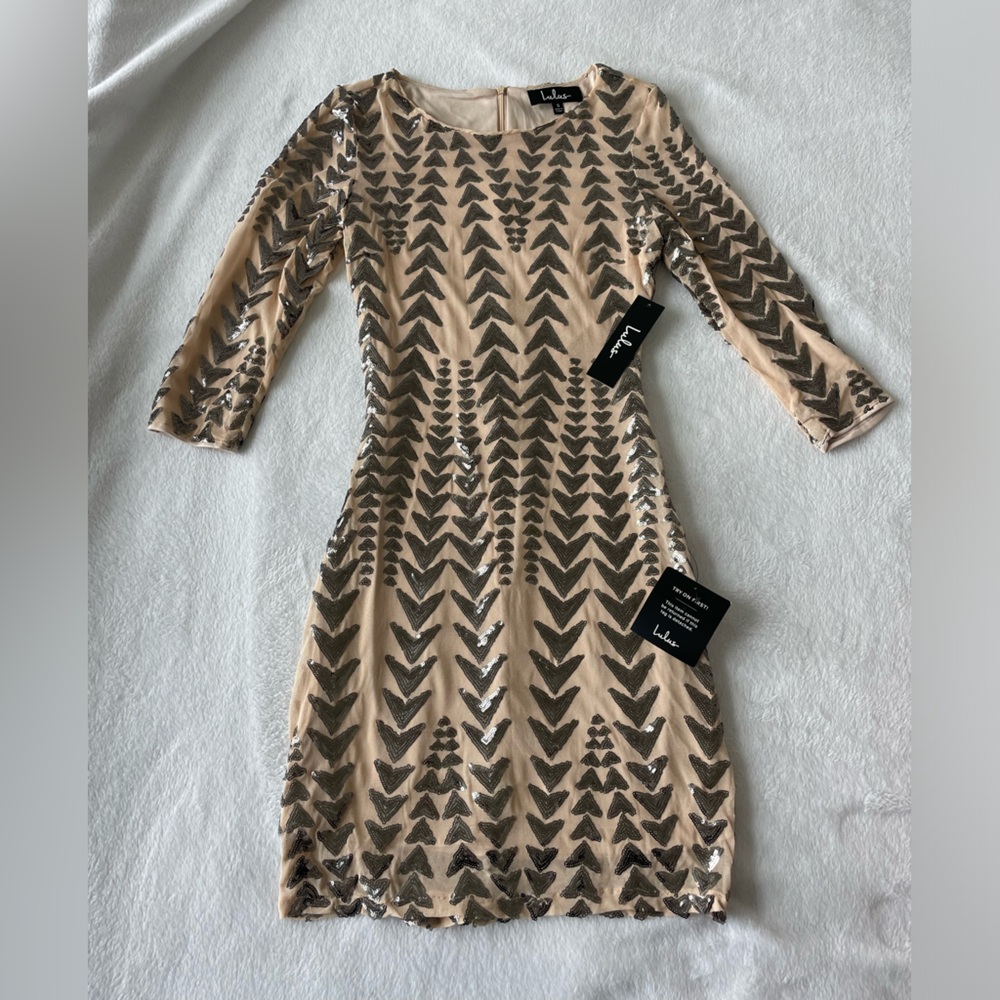 Shine On Me Nude and Gunmetal Sequin Bodycon Dress